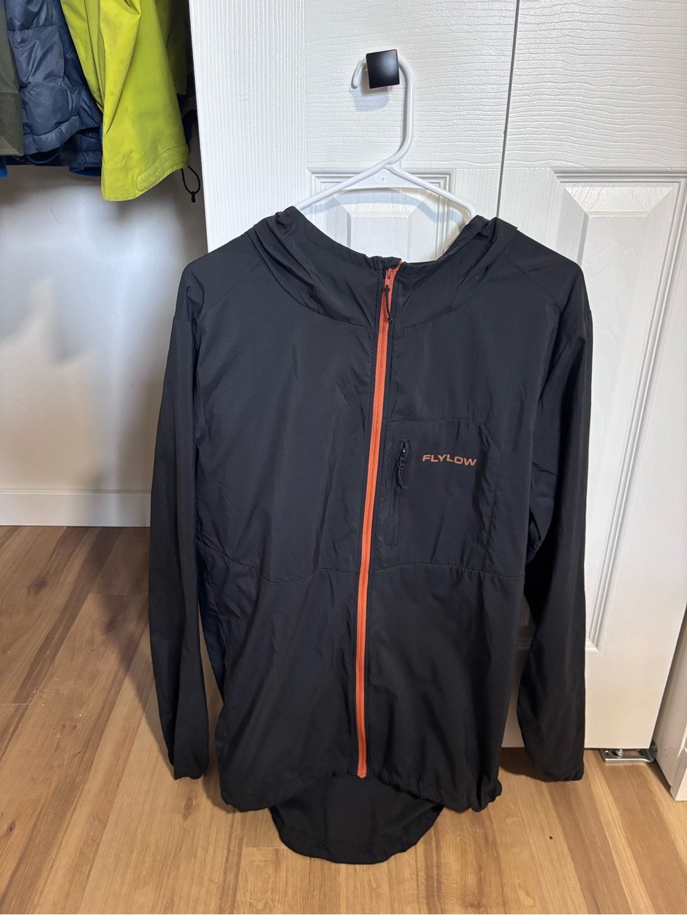 Fly low Black Hooded windbreaker Shell Jacket with Orange Zip